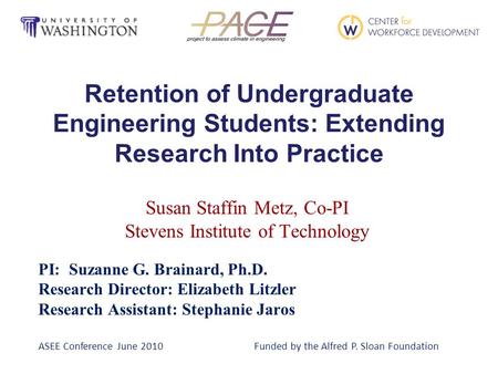 Retention of Undergraduate Engineering Students: Extending Research Into Practice Susan Staffin Metz, Co-PI Stevens Institute of Technology PI: Suzanne.