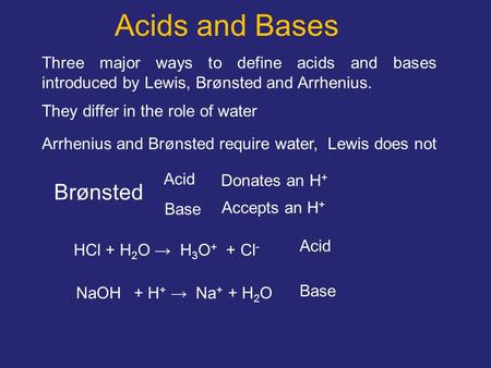Acids and Bases Three major ways to define acids and bases introduced by Lewis, Brønsted and Arrhenius. They differ in the role of water Arrhenius and.