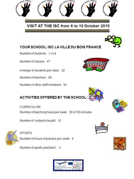 VISIT AT THE ISC from 6 to 10 October 2010 YOUR SCHOOL: ISC LA VILLE DU BOIS FRANCE Number of students : 1 418 Number of classes : 47 Average of students.