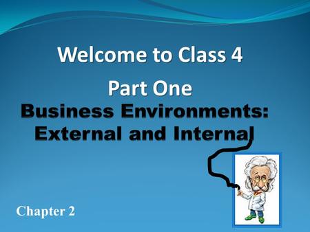 Welcome to Class 4 Part One Chapter 2 Business Environments are divided into two ( 2 ) primary Categories External & Internal.
