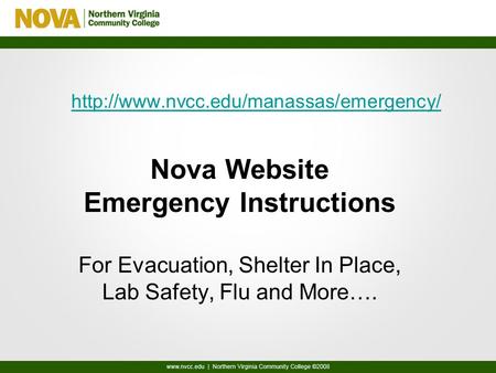 Nova Website Emergency Instructions For Evacuation, Shelter In Place, Lab Safety, Flu and More….
