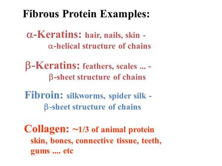 Fibrous Protein Examples:  -Keratins: hair, nails, skin -  -helical structure of chains  -Keratins: feathers, scales... -  -sheet structure.
