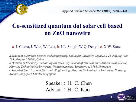 Co-sensitized quantum dot solar cell based on ZnO nanowire a. J. Chena, J. Wua, W. Leia, b. J.L. Songb, W.Q. Dengb, c. X.W. Sunc a School of Electronic.