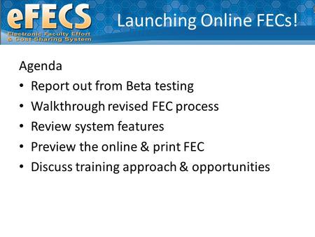 Launching Online FECs! Agenda Report out from Beta testing Walkthrough revised FEC process Review system features Preview the online & print FEC Discuss.