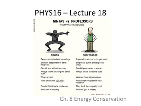 PHYS16 – Lecture 18 Ch. 8 Energy Conservation. Conservative vs. Non-conservative Forces Conservation of Energy – Basic Equations – Systems without Friction.