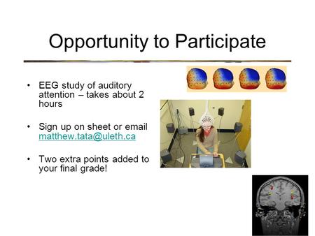 Opportunity to Participate EEG study of auditory attention – takes about 2 hours Sign up on sheet or