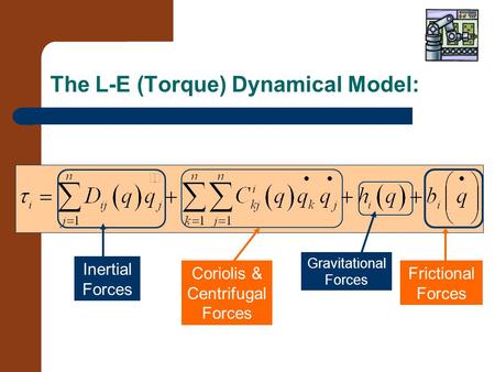The L-E (Torque) Dynamical Model: Inertial Forces Coriolis & Centrifugal Forces Gravitational Forces Frictional Forces.