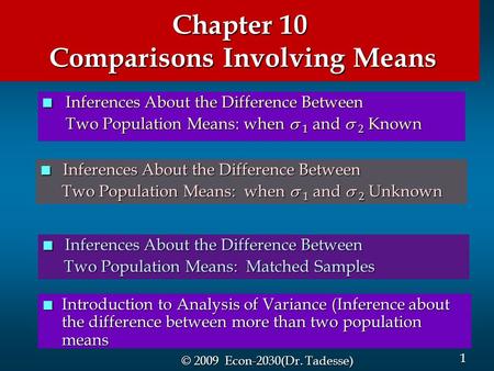 1 1 © 2009 Econ-2030(Dr. Tadesse) Chapter 10 Comparisons Involving Means n Inferences About the Difference Between Two Population Means: when  1 and 
