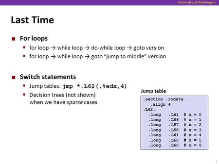 University of Washington Last Time For loops  for loop → while loop → do-while loop → goto version  for loop → while loop → goto “jump to middle” version.