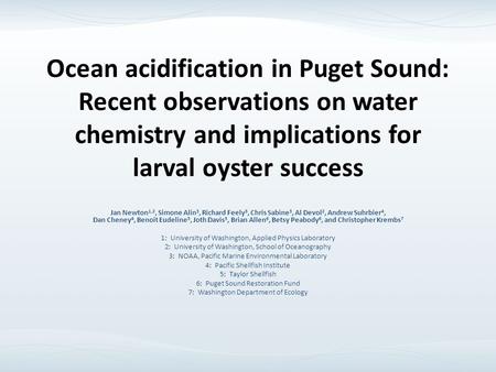 Ocean acidification in Puget Sound: Recent observations on water chemistry and implications for larval oyster success Jan Newton 1,2, Simone Alin 3, Richard.