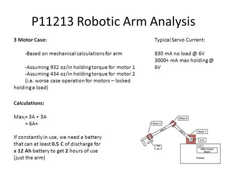 P11213 Robotic Arm Analysis 3 Motor Case: -Based on mechanical calculations for arm -Assuming 932 oz/in holding torque for motor 1 -Assuming 434 oz/in.
