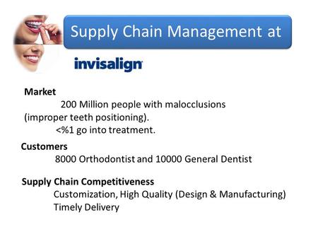 Supply Chain Management at Market 200 Million people with malocclusions (improper teeth positioning). 