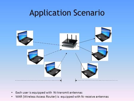 Application Scenario Each user is equipped with N t transmit antennas WAR (Wireless Access Router) is equipped with N r receive antennas.