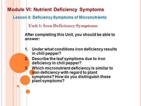 Module VI: Nutrient Deficiency Symptoms Lesson 4: Deficiency Symptoms of Micronutrients Unit 1: Iron Deficiency Symptoms After completing this Unit, you.