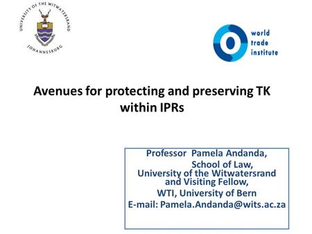 Avenues for protecting and preserving TK within IPRs Professor Pamela Andanda, School of Law, University of the Witwatersrand and Visiting Fellow, WTI,