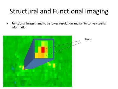 Structural and Functional Imaging Functional images tend to be lower resolution and fail to convey spatial information Pixels.