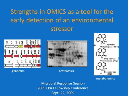 Strengths in OMICS as a tool for the early detection of an environmental stressor Microbial Response Session 2009 EPA Fellowship Conference Sept. 22, 2009.