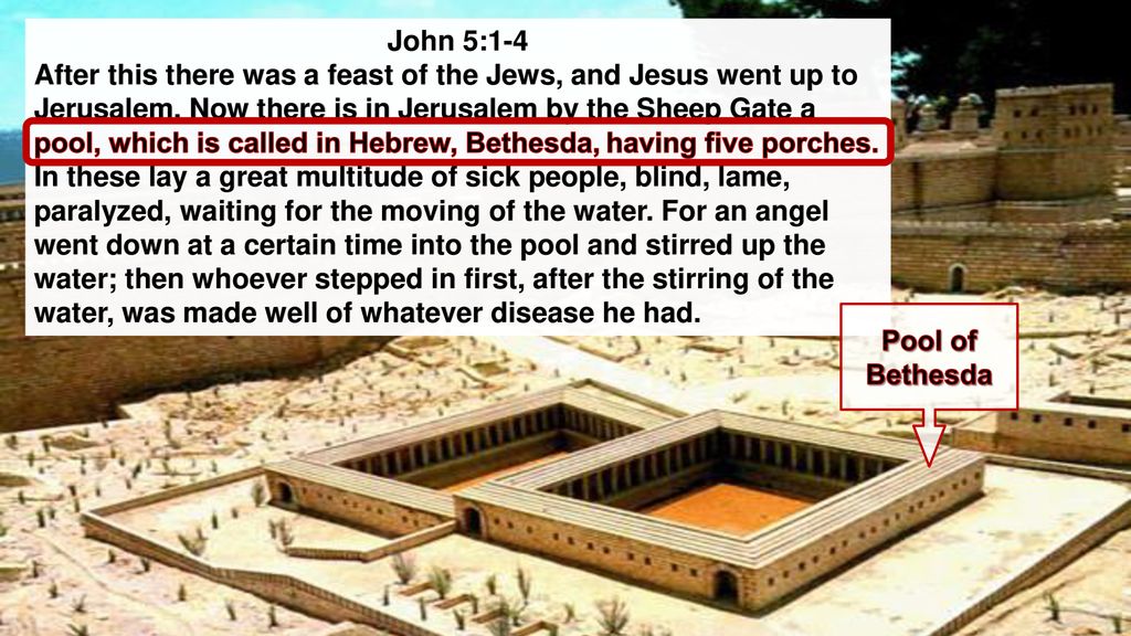 John 5:1-4 After this there was a feast of the Jews, and Jesus went up to  Jerusalem. Now there is in Jerusalem by the Sheep Gate a pool, which is  called. -
