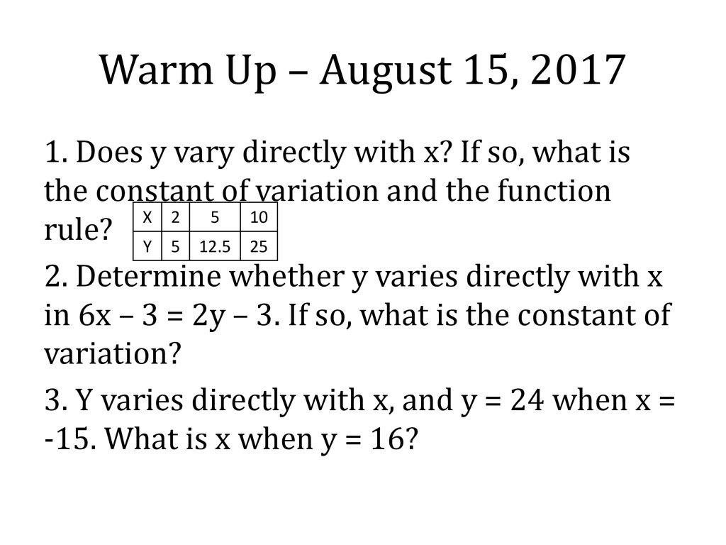 Warm Up August 15 Does Y Vary Directly With X If So What Is The Constant Of Variation And The Function Rule 2 Determine Whether Y Varies Ppt Download