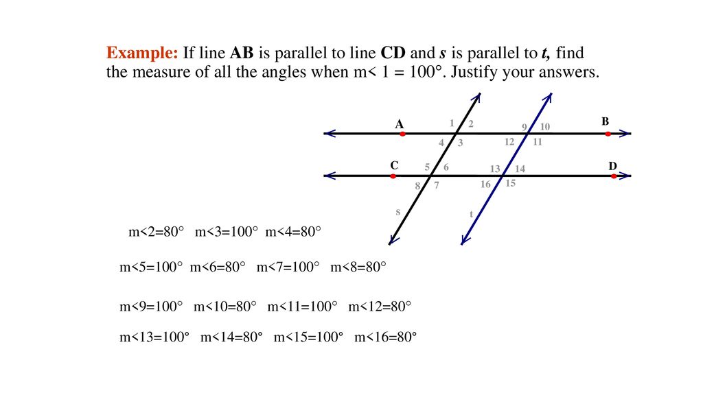Example: If line AB is parallel to line CD and s is parallel to t, find the  measure of all the angles when m< 1 = 100°. Justify your answers. t ppt  download
