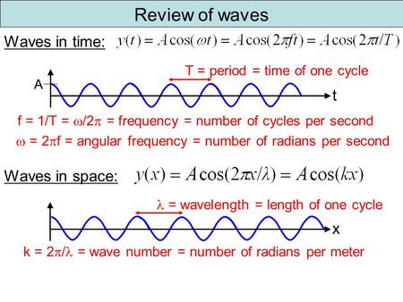 Review of waves T = period = time of one cycle  = 2  f = angular frequency = number of radians per second t Waves in time: f = 1/T =  /2  = frequency.