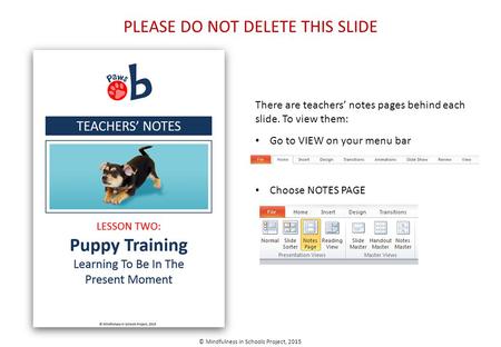 PLEASE DO NOT DELETE THIS SLIDE There are teachers’ notes pages behind each slide. To view them: Go to VIEW on your menu bar Choose NOTES PAGE © Mindfulness.