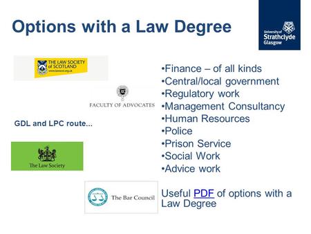 Options with a Law Degree Finance – of all kinds Central/local government Regulatory work Management Consultancy Human Resources Police Prison Service.