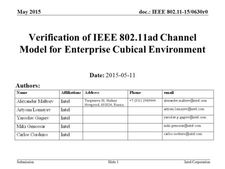 Doc.: IEEE 802.11-15/0630r0 Submission May 2015 Intel CorporationSlide 1 Verification of IEEE 802.11ad Channel Model for Enterprise Cubical Environment.