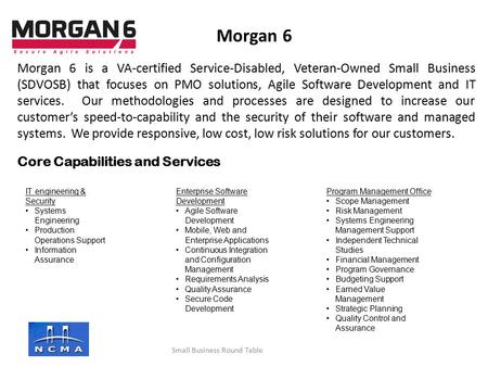 Morgan 6 is a VA-certified Service-Disabled, Veteran-Owned Small Business (SDVOSB) that focuses on PMO solutions, Agile Software Development and IT services.
