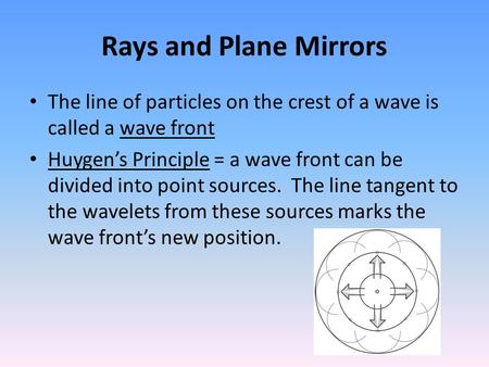 Rays and Plane Mirrors The line of particles on the crest of a wave is called a wave front Huygen’s Principle = a wave front can be divided into point.