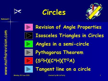 Monday, 08 June 2015Monday, 08 June 2015Monday, 08 June 2015Monday, 08 June 2015Created by Mr Lafferty1 Circles Revision of Angle Properties Angles in.