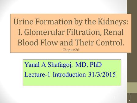 Urine Formation by the Kidneys: I. Glomerular Filtration, Renal Blood Flow and Their Control. Chapter 26 Yanal A Shafagoj. MD. PhD Lecture-1 Introduction.