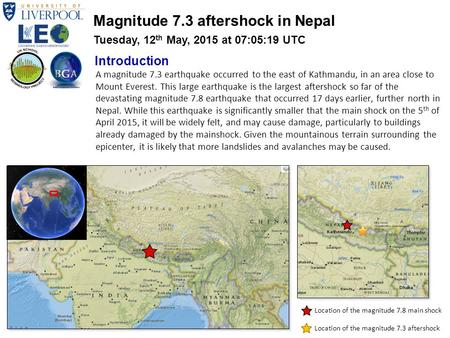 A magnitude 7.3 earthquake occurred to the east of Kathmandu, in an area close to Mount Everest. This large earthquake is the largest aftershock so far.