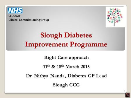 Slough Diabetes Improvement Programme Right Care approach 11 th & 18 th March 2015 Dr. Nithya Nanda, Diabetes GP Lead Slough CCG 1 SLOUGH Clinical Commissioning.