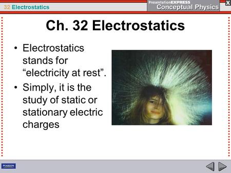 Ch. 32 Electrostatics Electrostatics stands for “electricity at rest”.