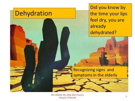 RM VANDEE RN, MSN 2015 Procare Hospice of Nevada 1 Did you know by the time your lips feel dry, you are already dehydrated? Dehydration Recognizing signs.