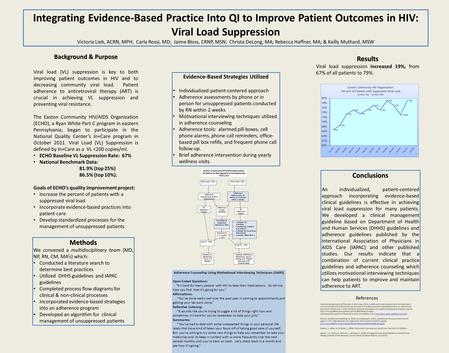 Integrating Evidence-Based Practice Into QI to Improve Patient Outcomes in HIV: Viral Load Suppression Victoria Lieb, ACRN, MPH; Carla Rossi, MD; Jaime.