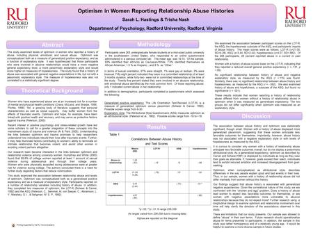 Optimism in Women Reporting Relationship Abuse Histories Sarah L. Hastings & Trisha Nash Department of Psychology, Radford University, Radford, Virginia.
