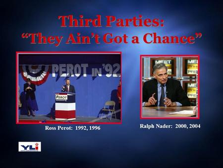Third Parties : “They Ain’t Got a Chance” Ross Perot: 1992, 1996 Ralph Nader: 2000, 2004.