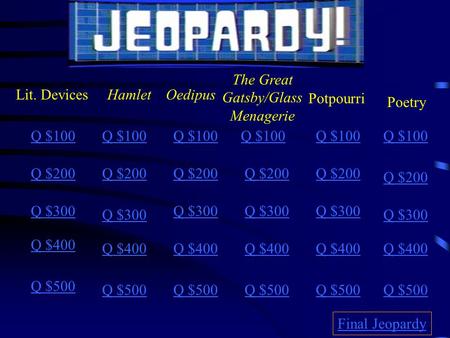 Lit. DevicesHamletOedipus The Great Gatsby/Glass Menagerie Potpourri Q $100 Q $200 Q $300 Q $400 Q $500 Q $100 Q $200 Q $300 Q $400 Q $500 Final Jeopardy.