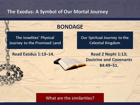 Read Exodus 1:13–14. Read 2 Nephi 1:13; Doctrine and Covenants 84:49–51. The Israelites’ Physical Journey to the Promised Land Our Spiritual Journey to.