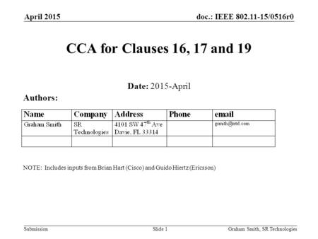 Doc.: IEEE 802.11-15/0516r0 Submission April 2015 CCA for Clauses 16, 17 and 19 Date: 2015-April Authors: Graham Smith, SR TechnologiesSlide 1 NOTE: Includes.