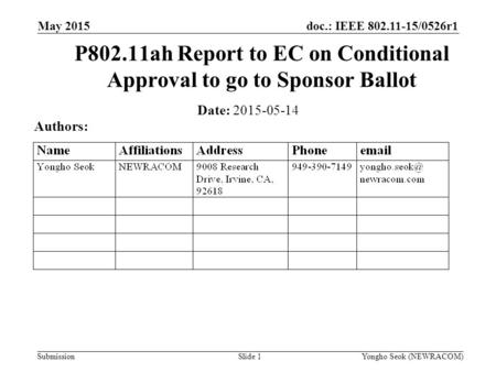 P802.11ah Report to EC on Conditional Approval to go to Sponsor Ballot