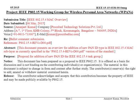 IEEE 15-15-0336-00-0mag Submission 05 2015 Amarjeet Kumar, Procubed Slide 1 Project: IEEE P802.15 Working Group for Wireless Personal Area Networks (WPANs)