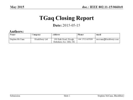 Doc.: IEEE 802.11-15/0660r0 Submission May 2015 Stephen McCann, BlackBerrySlide 1 TGaq Closing Report Date: 2015-05-15 Authors: