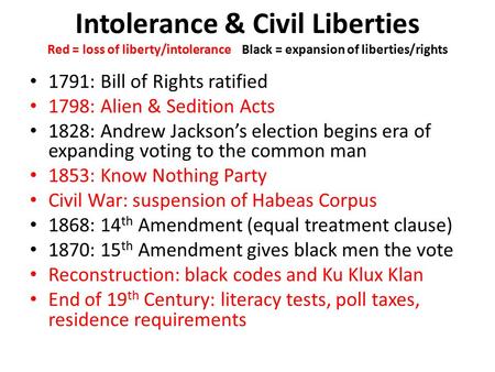 Intolerance & Civil Liberties Red = loss of liberty/intolerance Black = expansion of liberties/rights 1791: Bill of Rights ratified 1798: Alien & Sedition.