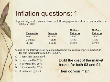 Inflation questions: 1 Suppose a typical consumer buys the following quantities of three commodities in 2006 and 2007. 2006 per		2007 per Commodity	Quantity		Unit.