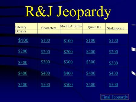 R&J Jeopardy $100 $100 $100 $100 $100 $200 $200 $200 $200 $200 $300