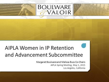 AIPLA Women in IP Retention and Advancement Subcommittee Margaret Boulware and Melissa Buss Co-Chairs AIPLA Spring Meeting, May 1, 2015 Los Angeles, California.