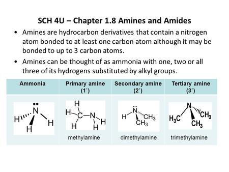 SCH 4U – Chapter 1.8 Amines and Amides Amines are hydrocarbon derivatives that contain a nitrogen atom bonded to at least one carbon atom although it may.